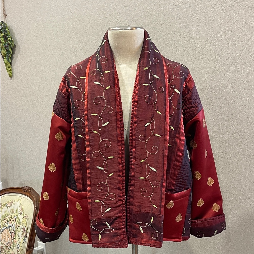 Red upcycled satin kimono jacket with cuffs